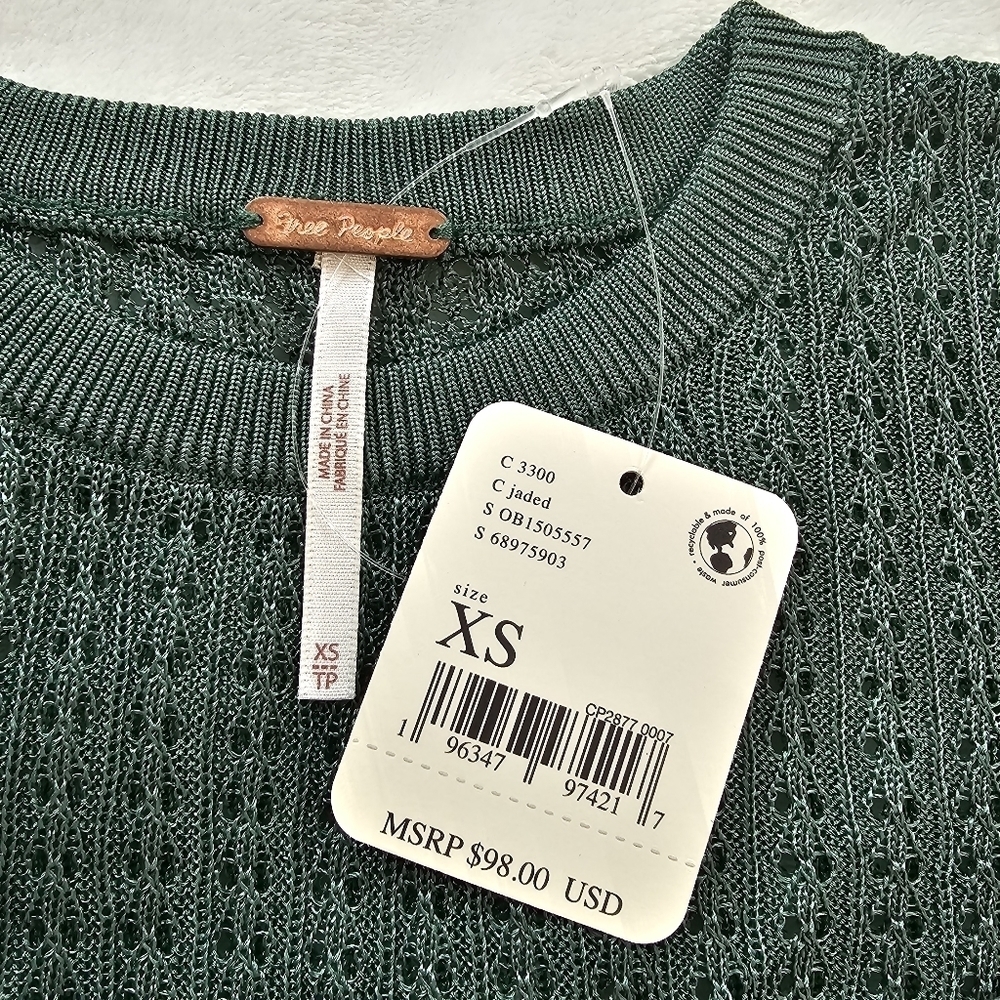 Free People H2O Crew Open Stitch Knit Long Sleeve Top Jade Green XS NWT Boho - Picture 8 of 13